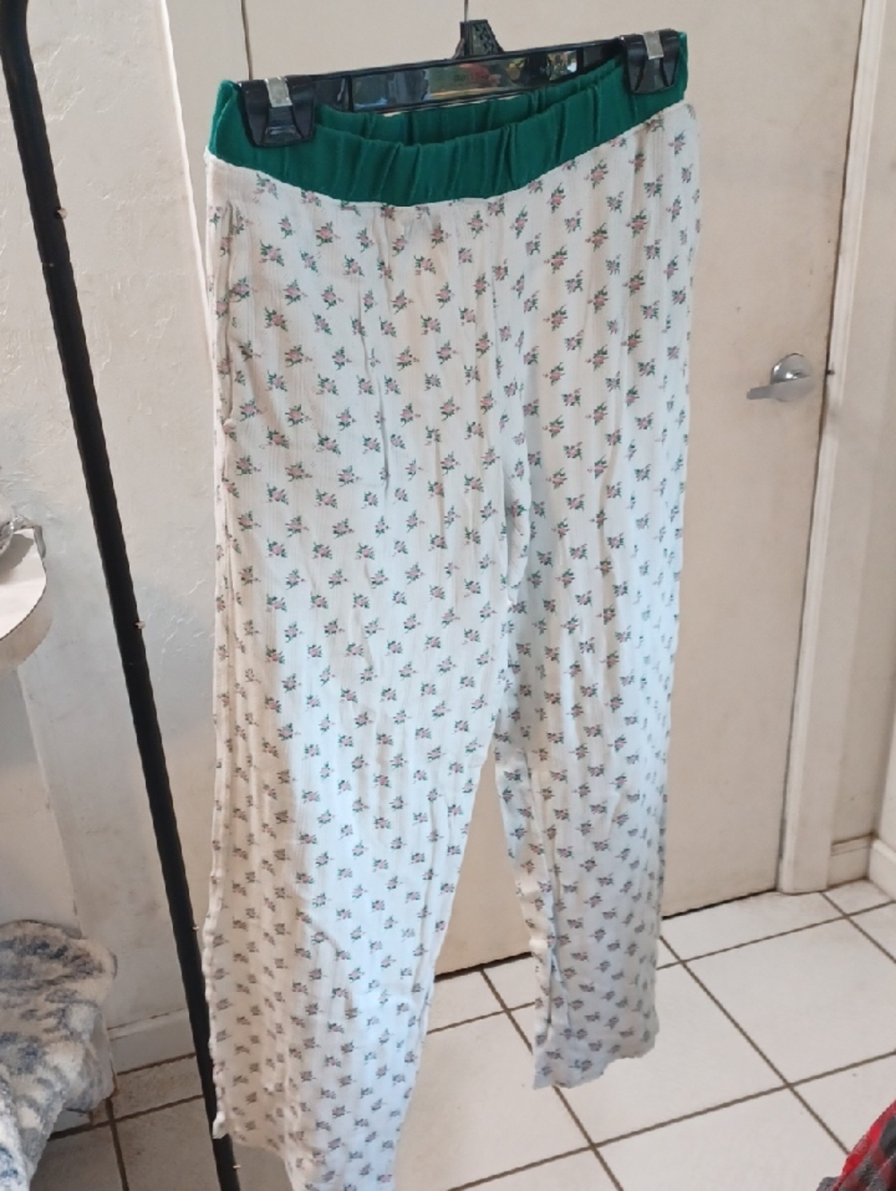 Women's Cream Floral Lounge Pants with Green Waistband
